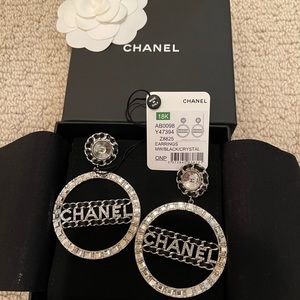 Authentic Chanel Black Crystal Hoop Earrings